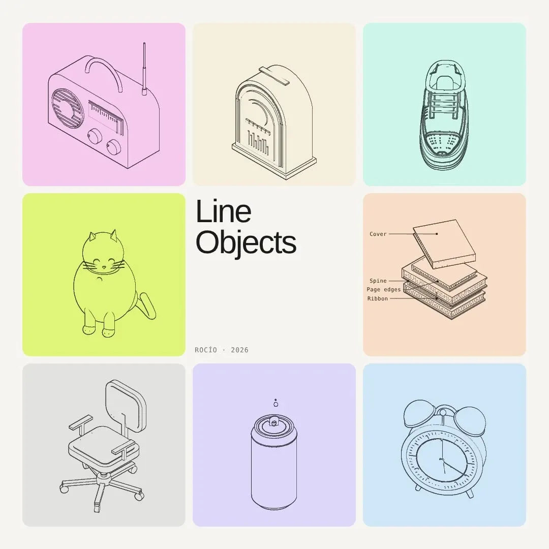 Line Objects: a radio, a jukebox, a sneaker, a cat, books, a chair, a can and an alarm clock, each drawn in one line on its own colour