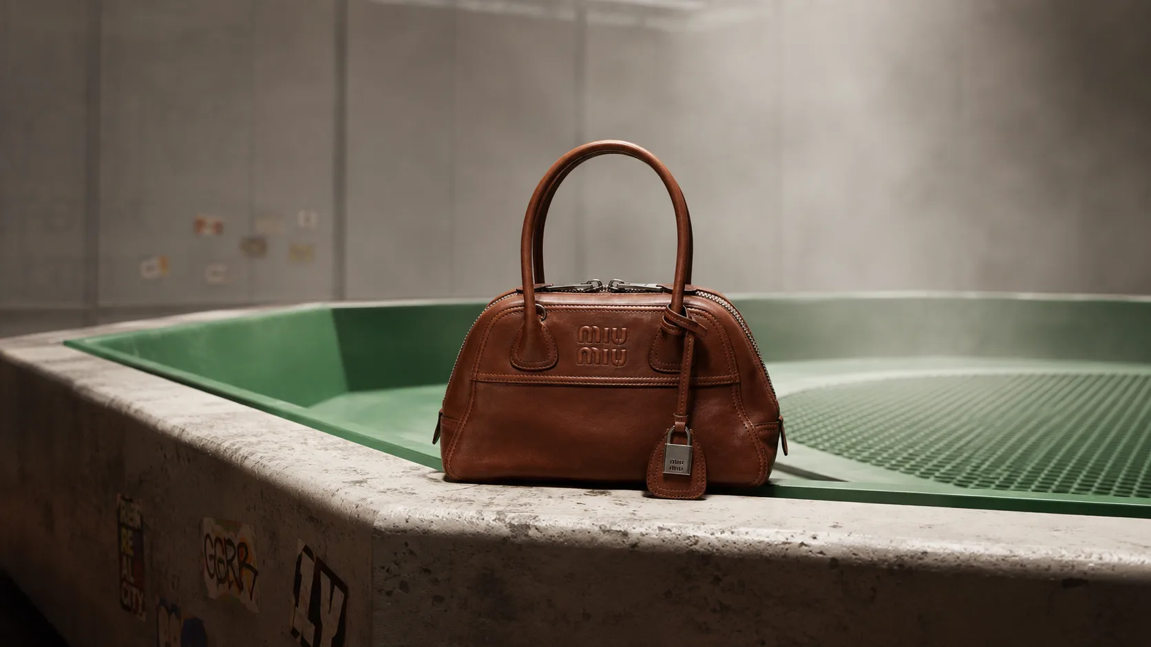 A leather handbag resting on the concrete edge of a green-tiled pool
