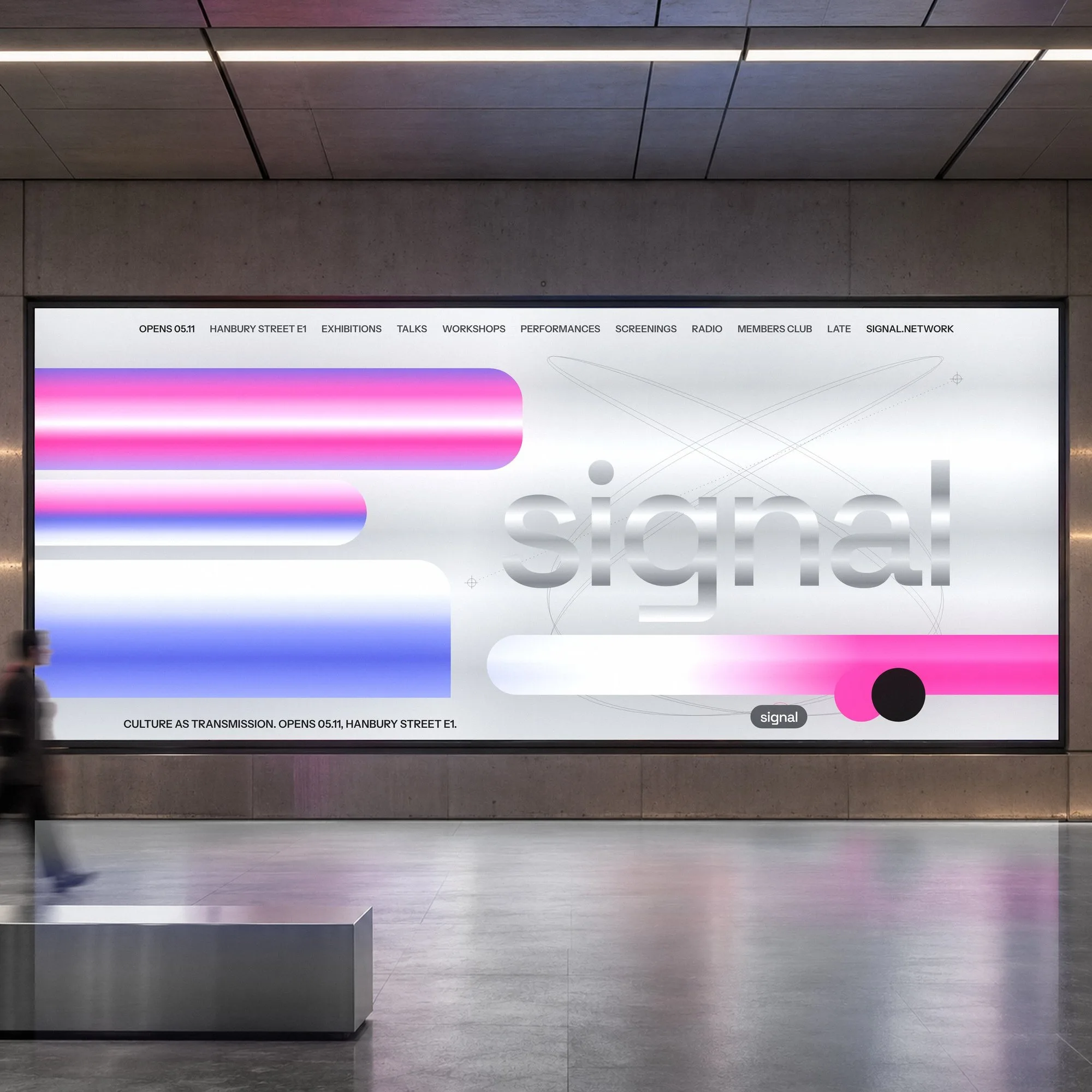 The SIGNAL identity on a large screen in a concrete hall
