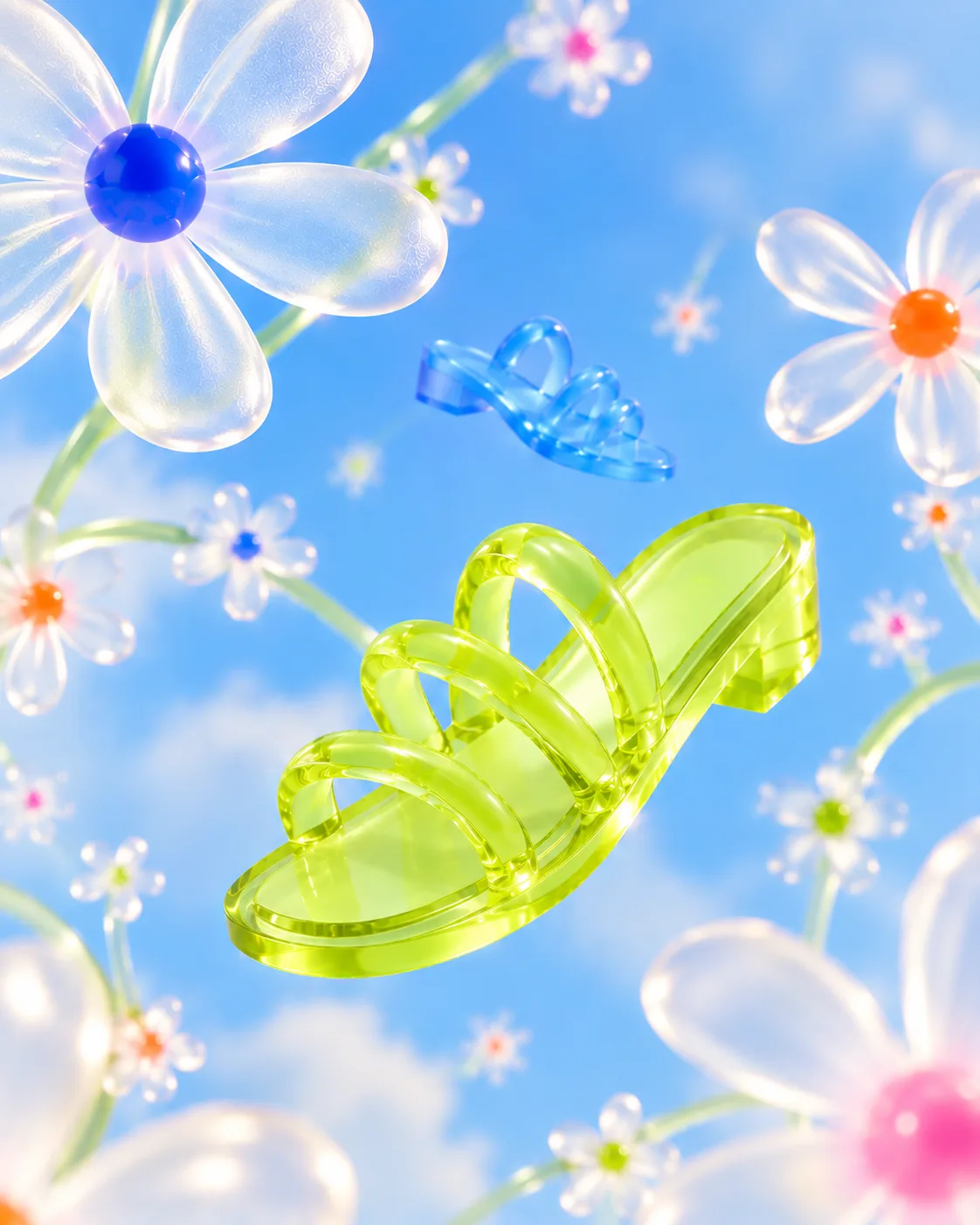 A translucent green sandal floating among glass flowers against a blue sky