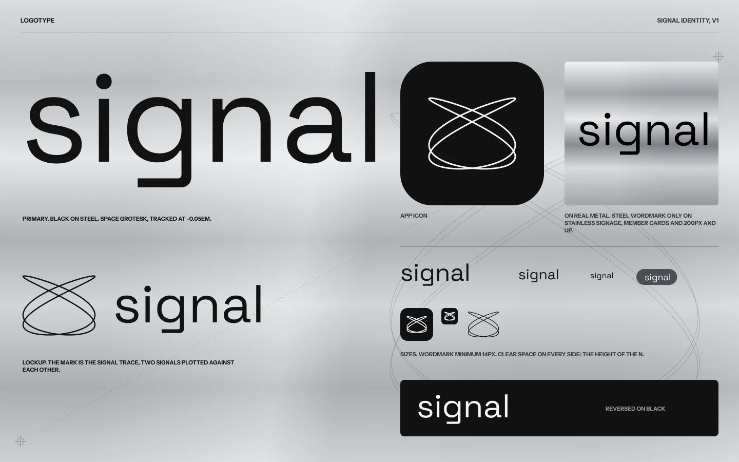 The SIGNAL logotype: wordmark, lockup with the mark, app icon and steel wordmark